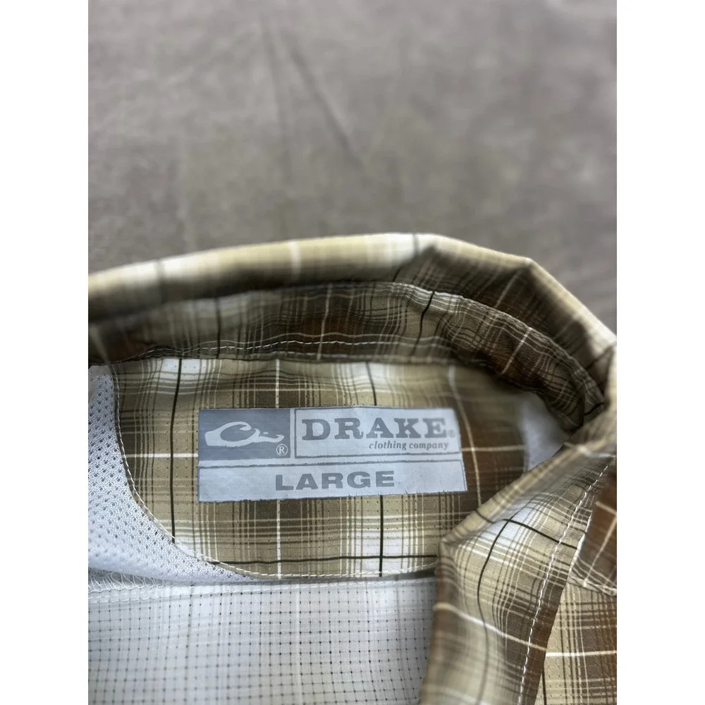 Drake Waterfowl Wingshooter Shirt Mens Large Brown Plaid Pearl Snap‎ Fishing L